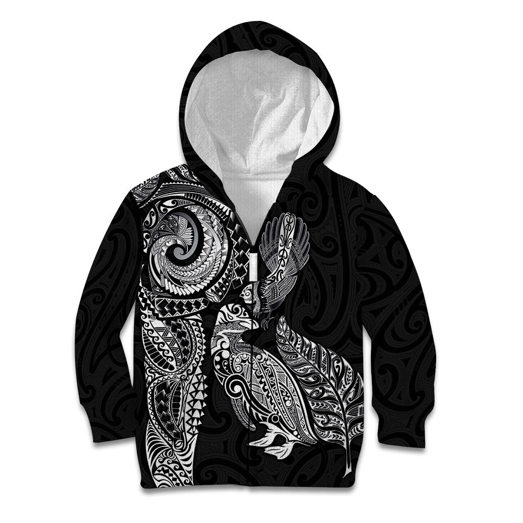 Aotearoa Moko Tribal Tattoo Kid Hoodie New Zealand Maori Penguin and Fantail Black Color