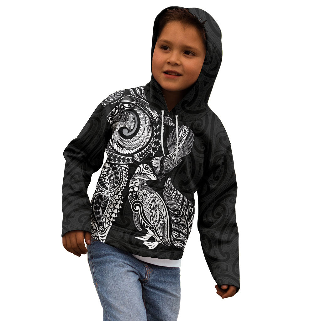 Aotearoa Moko Tribal Tattoo Kid Hoodie New Zealand Maori Penguin and Fantail Black Color