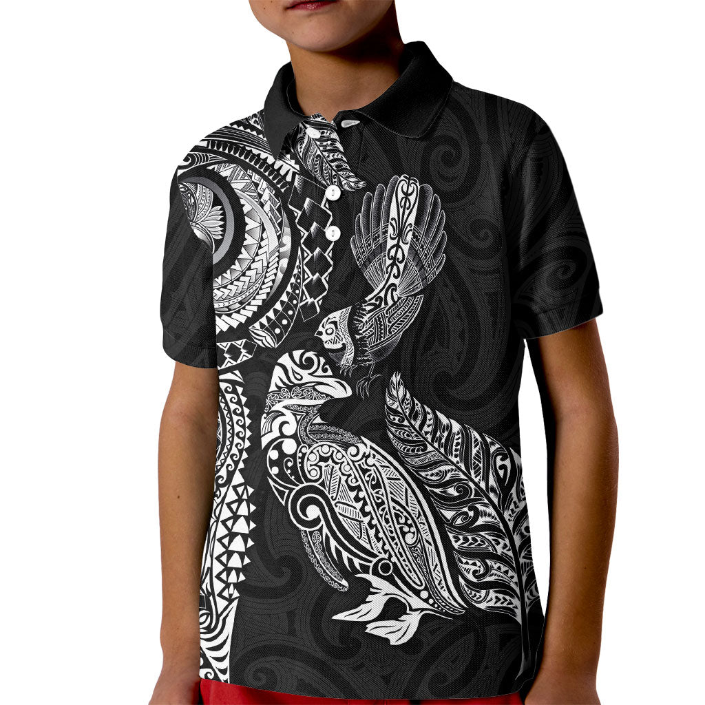 Aotearoa Moko Tribal Tattoo Kid Polo Shirt New Zealand Maori Penguin and Fantail Black Color