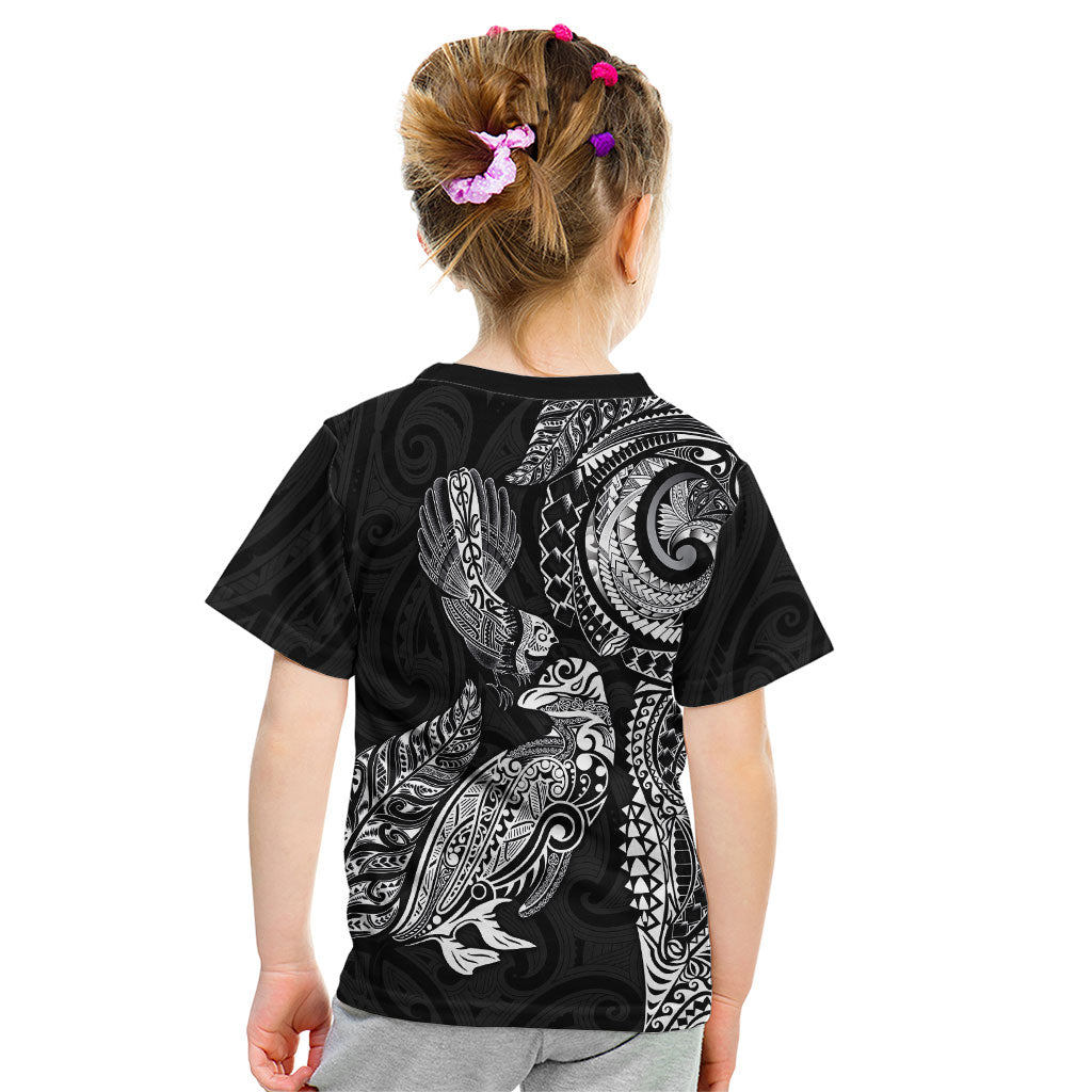 Aotearoa Moko Tribal Tattoo Kid T Shirt New Zealand Maori Penguin and Fantail Black Color
