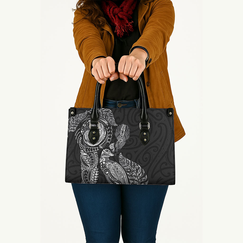 Aotearoa Moko Tribal Tattoo Leather Bag New Zealand Maori Penguin and Fantail Black Color