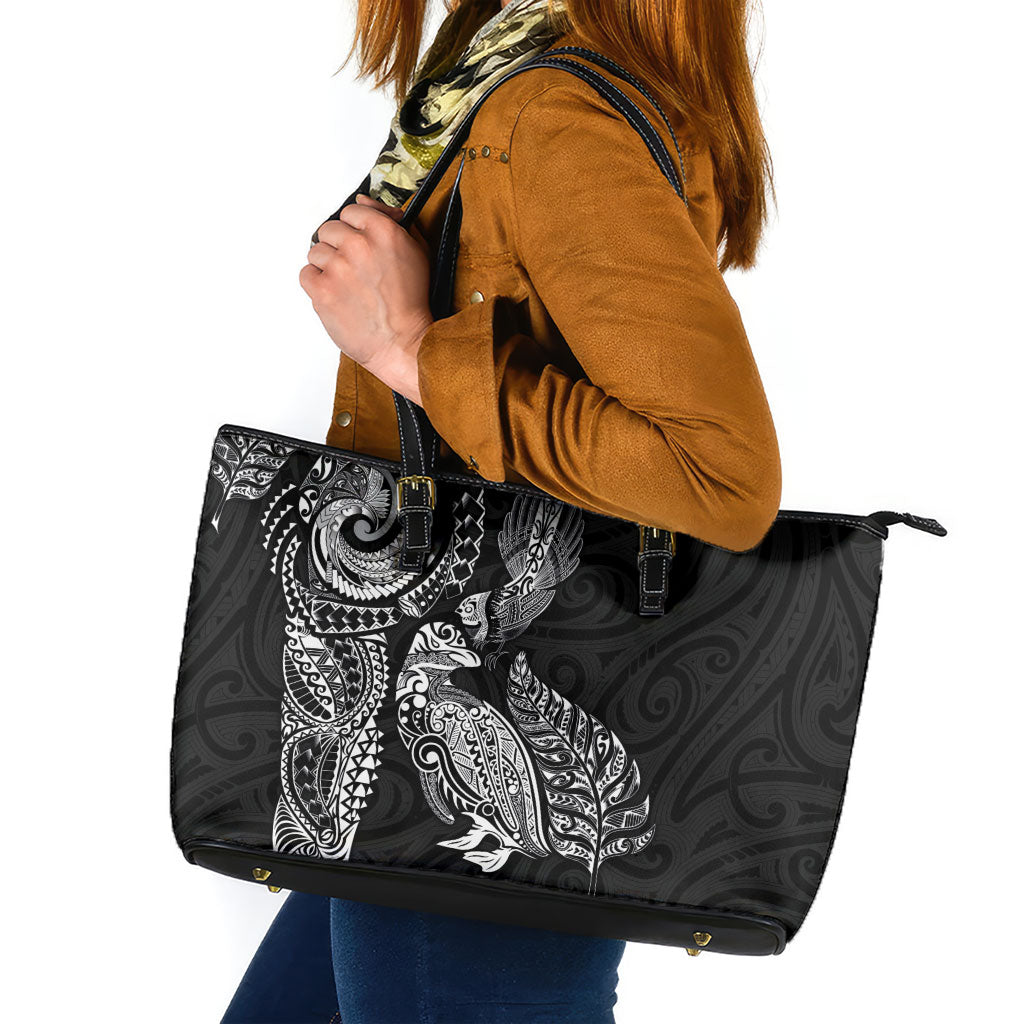 Aotearoa Moko Tribal Tattoo Leather Tote Bag New Zealand Maori Penguin and Fantail Black Color LT03 Black - Polynesian Pride
