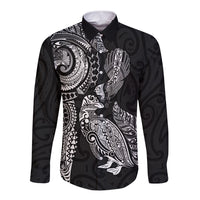 Aotearoa Moko Tribal Tattoo Long Sleeve Button Shirt New Zealand Maori Penguin and Fantail Black Color