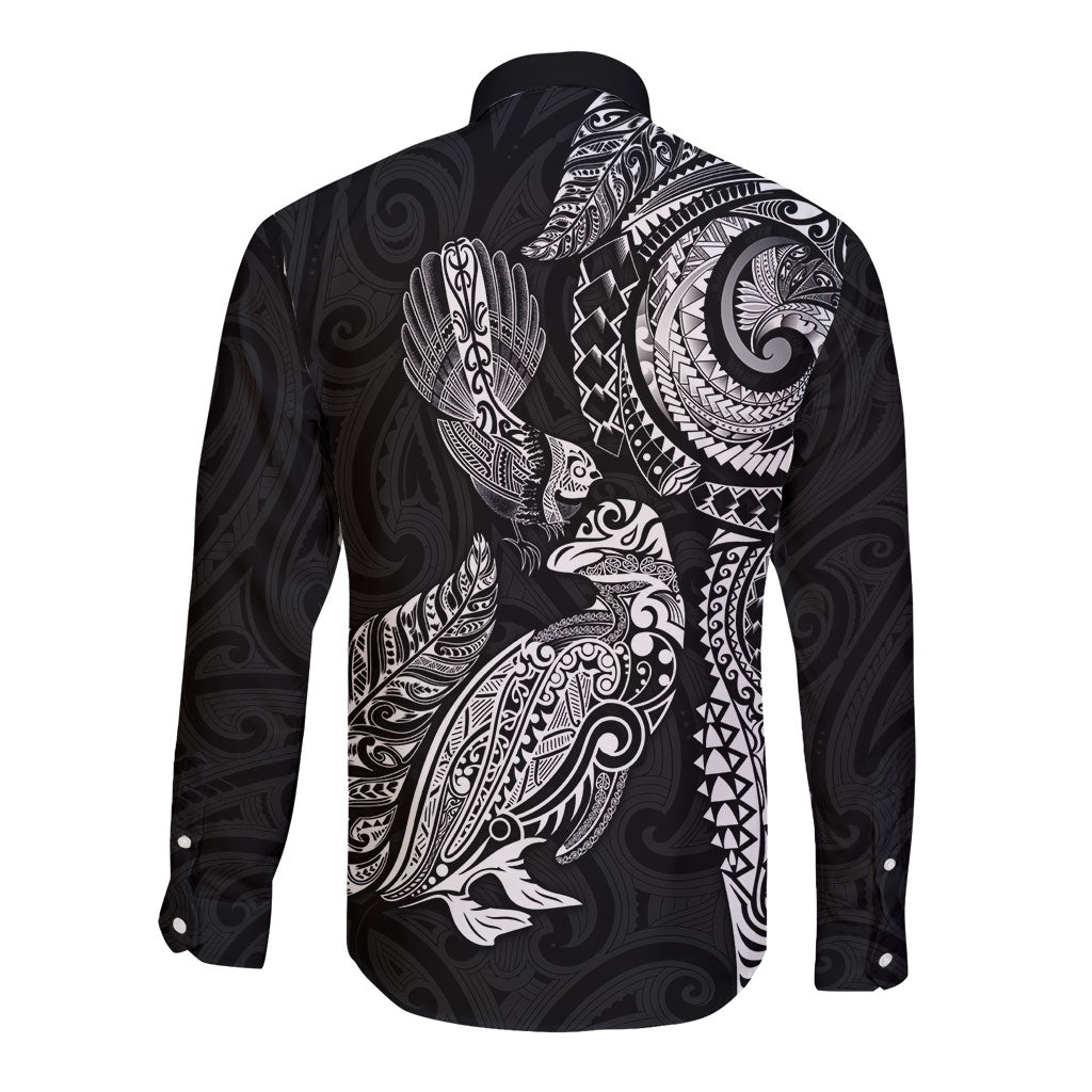 Aotearoa Moko Tribal Tattoo Long Sleeve Button Shirt New Zealand Maori Penguin and Fantail Black Color