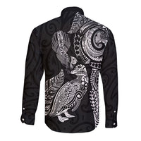 Aotearoa Moko Tribal Tattoo Long Sleeve Button Shirt New Zealand Maori Penguin and Fantail Black Color