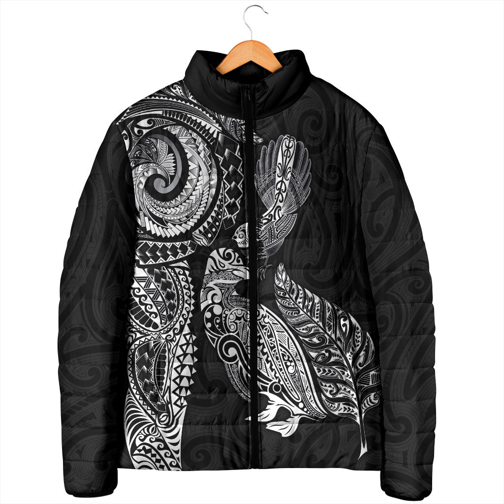 Aotearoa Moko Tribal Tattoo Padded Jacket New Zealand Maori Penguin and Fantail Black Color