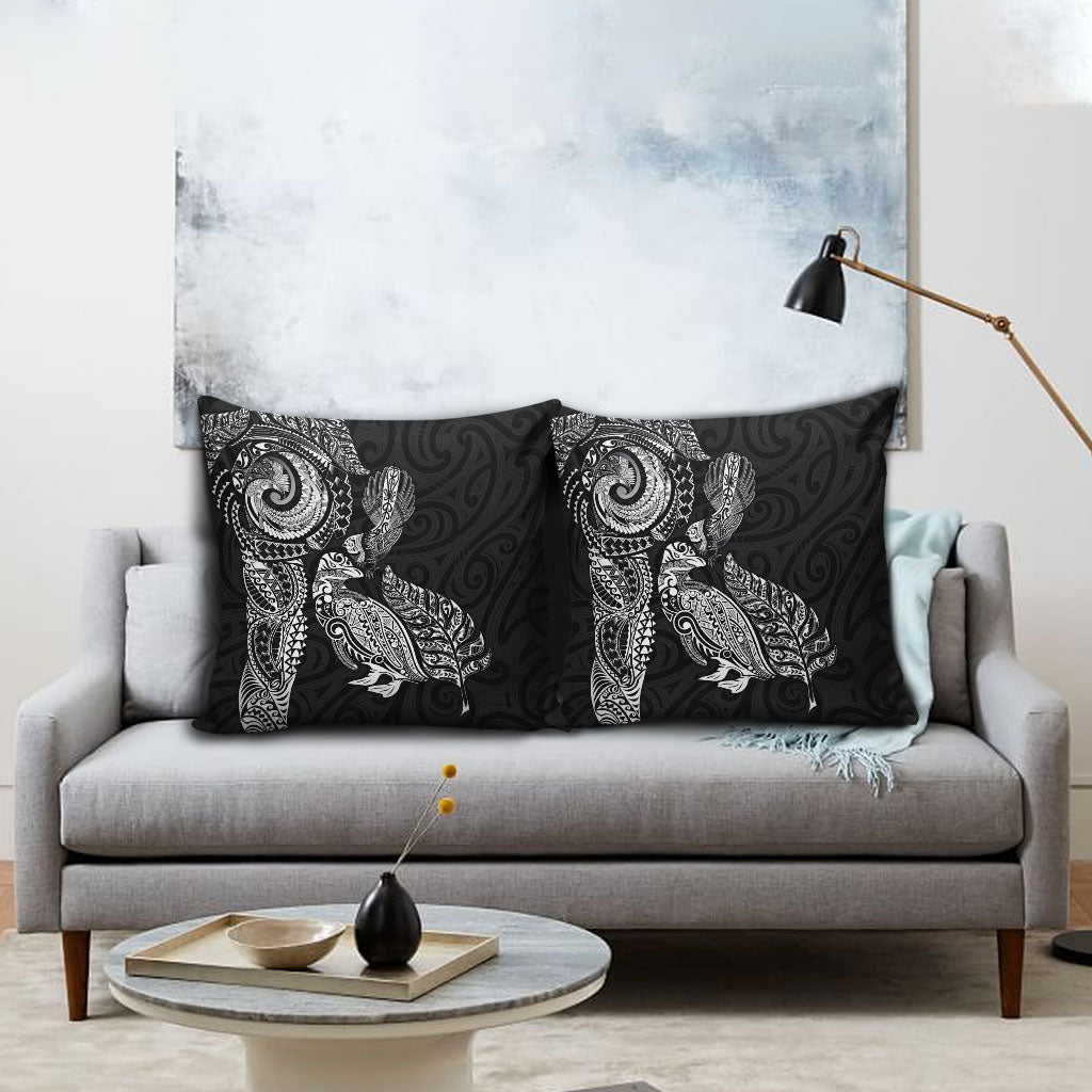 Aotearoa Moko Tribal Tattoo Pillow Cover New Zealand Maori Penguin and Fantail Black Color