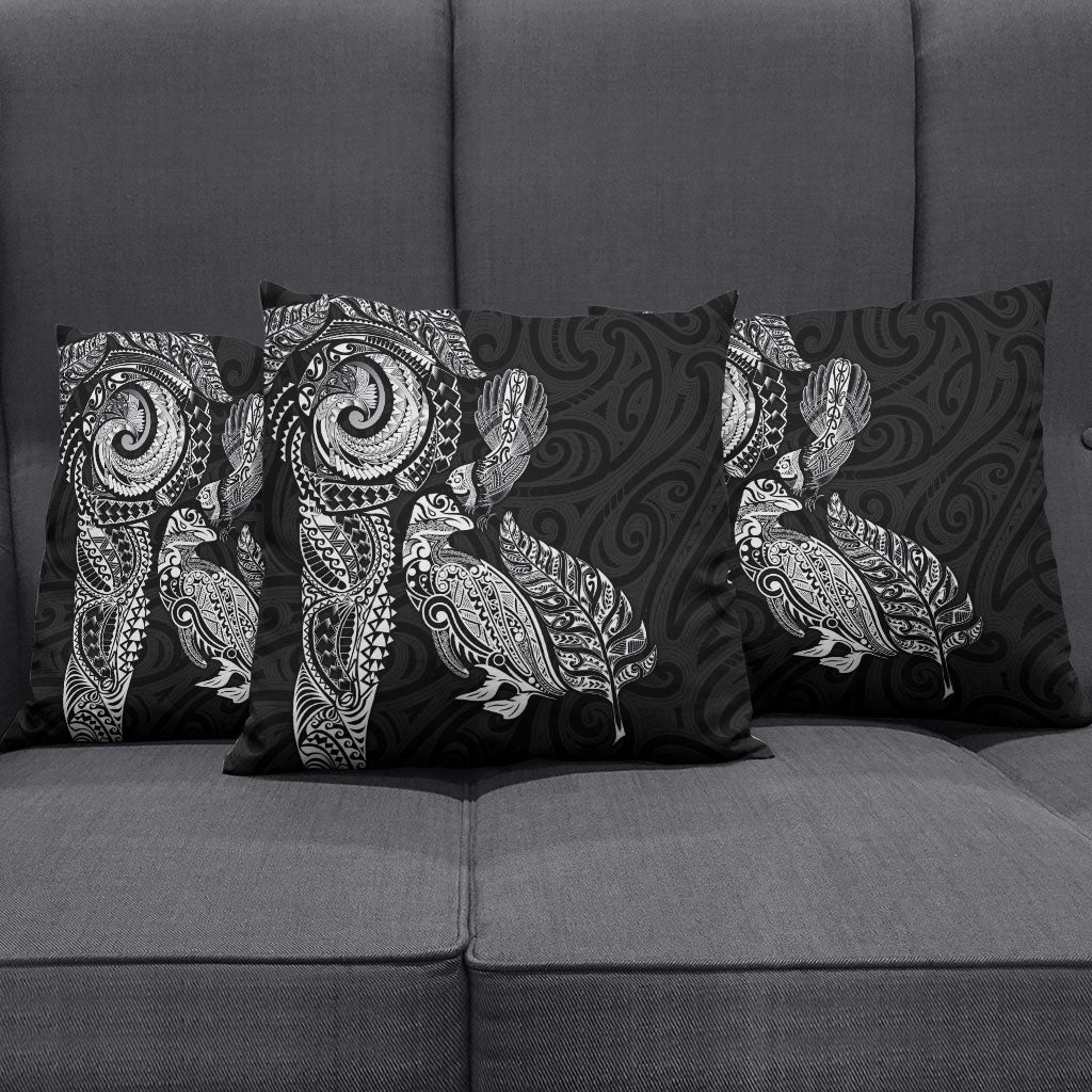 Aotearoa Moko Tribal Tattoo Pillow Cover New Zealand Maori Penguin and Fantail Black Color