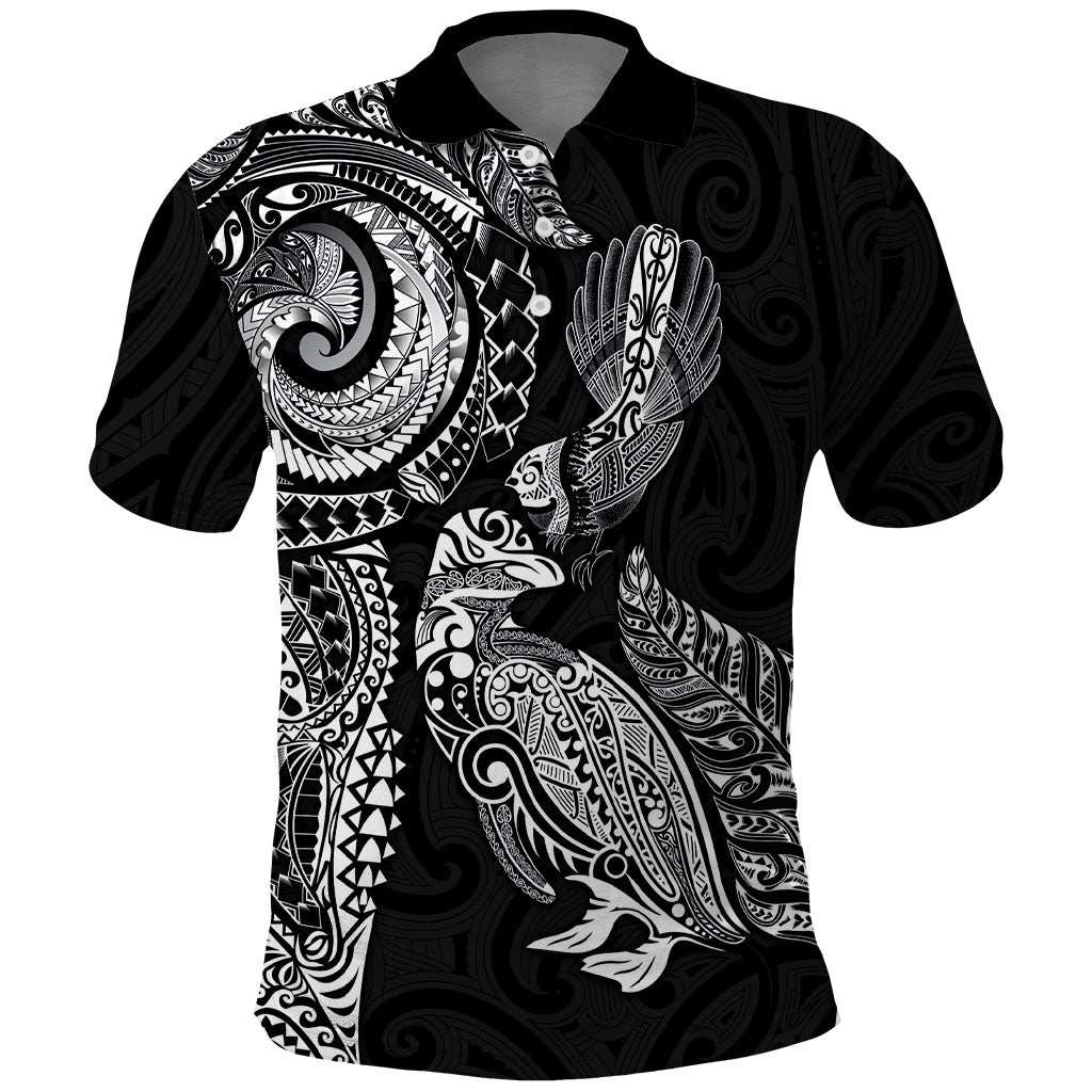 Aotearoa Moko Tribal Tattoo Polo Shirt New Zealand Maori Penguin and Fantail Black Color
