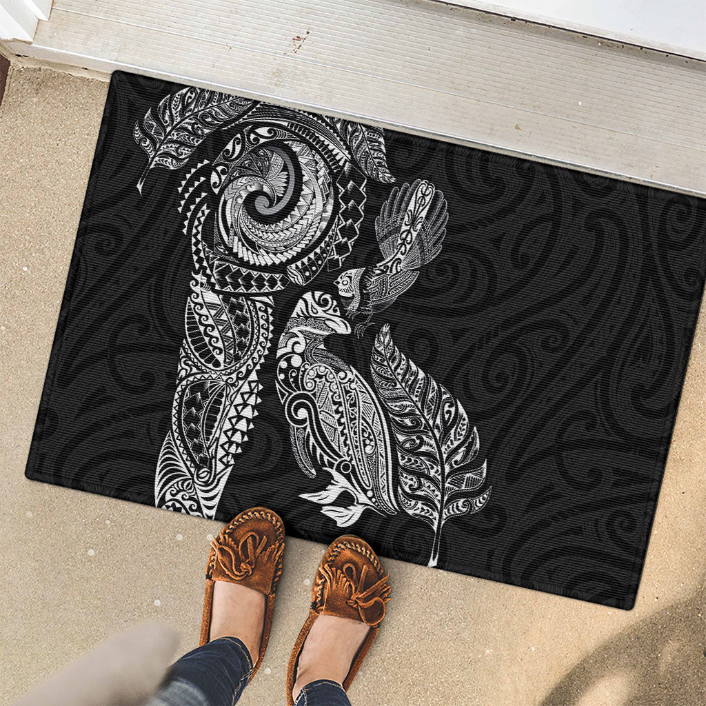 Aotearoa Moko Tribal Tattoo Rubber Doormat New Zealand Maori Penguin and Fantail Black Color