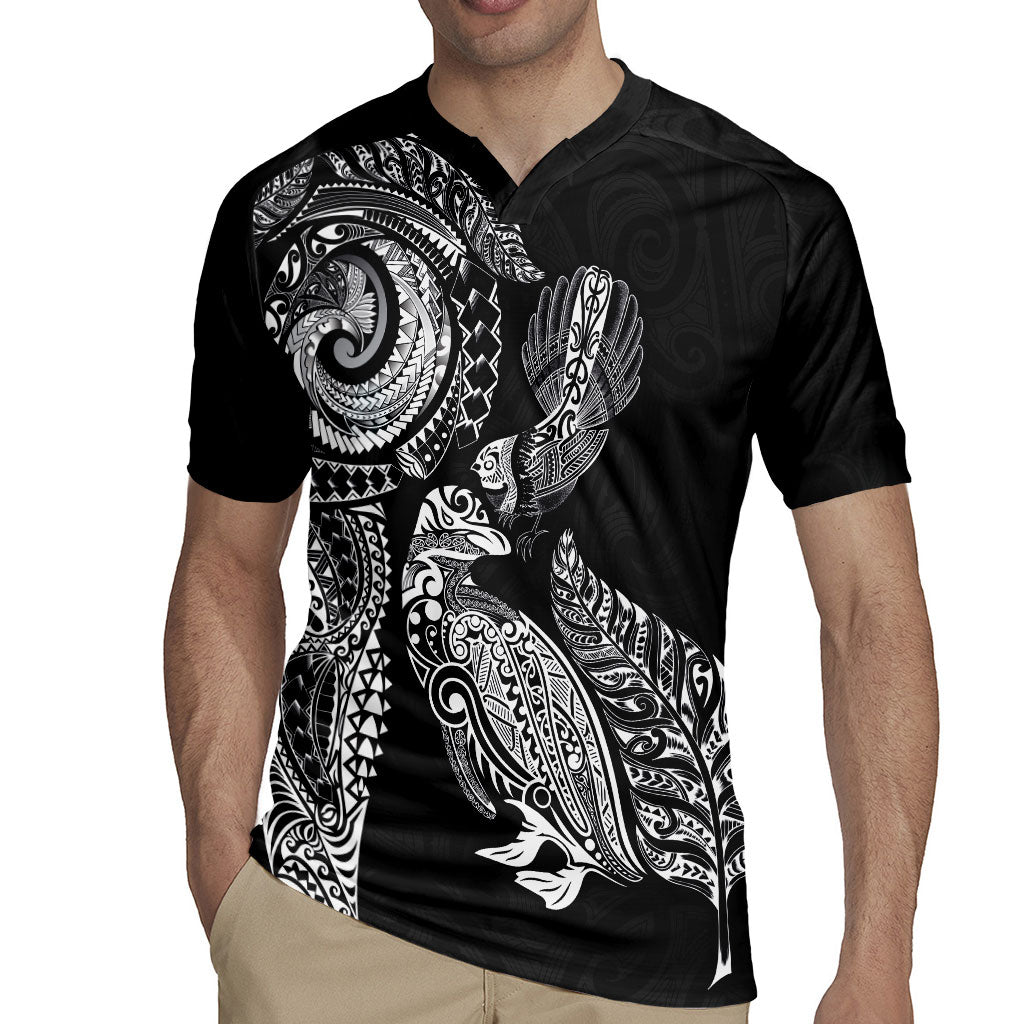 Aotearoa Moko Tribal Tattoo Rugby Jersey New Zealand Maori Penguin and Fantail Black Color