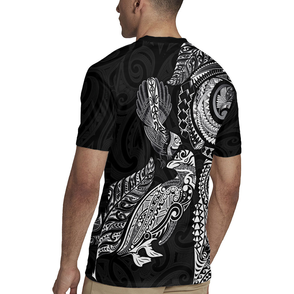 Aotearoa Moko Tribal Tattoo Rugby Jersey New Zealand Maori Penguin and Fantail Black Color