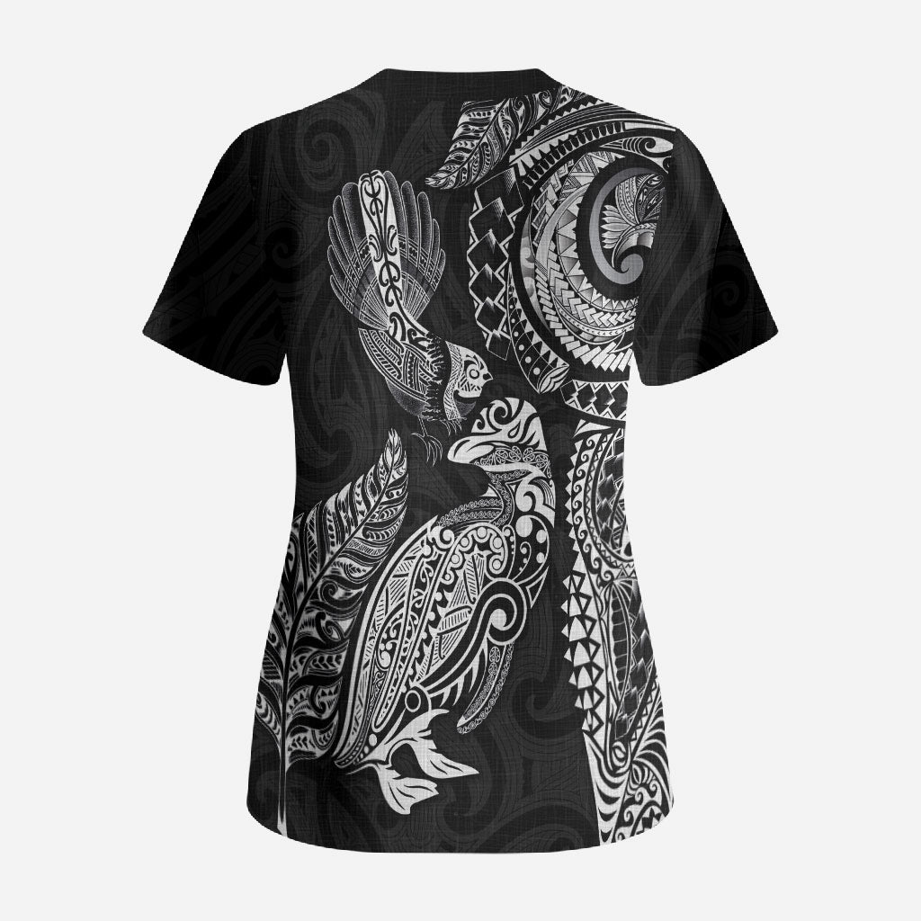 Aotearoa Moko Tribal Tattoo Scrub Top New Zealand Maori Penguin and Fantail Black Color