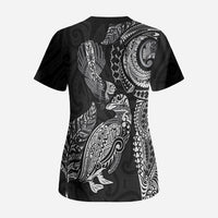 Aotearoa Moko Tribal Tattoo Scrub Top New Zealand Maori Penguin and Fantail Black Color