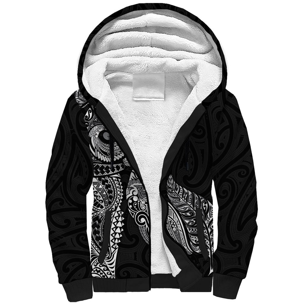 Aotearoa Moko Tribal Tattoo Sherpa Hoodie New Zealand Maori Penguin and Fantail Black Color