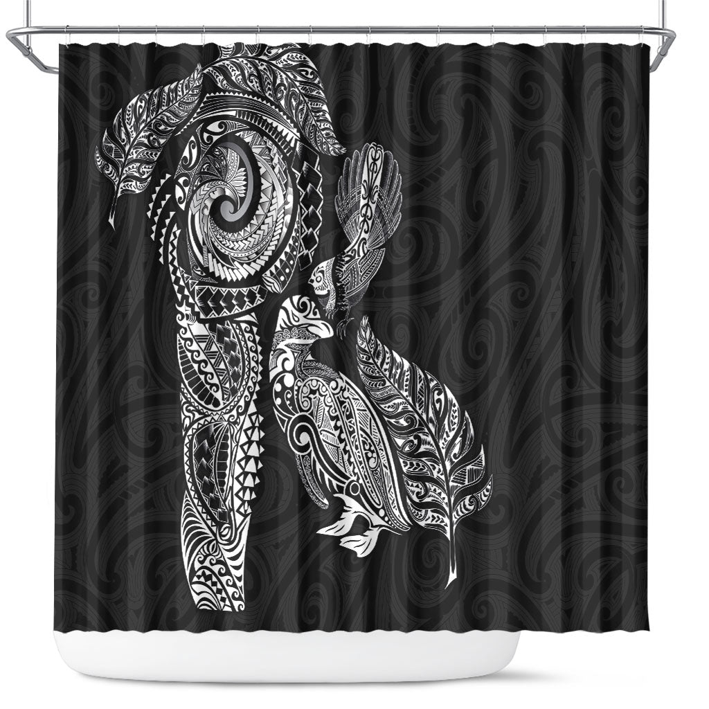 Aotearoa Moko Tribal Tattoo Shower Curtain New Zealand Maori Penguin and Fantail Black Color LT03 Black - Polynesian Pride