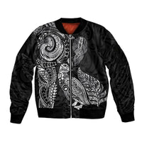 Aotearoa Moko Tribal Tattoo Sleeve Zip Bomber Jacket New Zealand Maori Penguin and Fantail Black Color