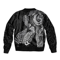 Aotearoa Moko Tribal Tattoo Sleeve Zip Bomber Jacket New Zealand Maori Penguin and Fantail Black Color