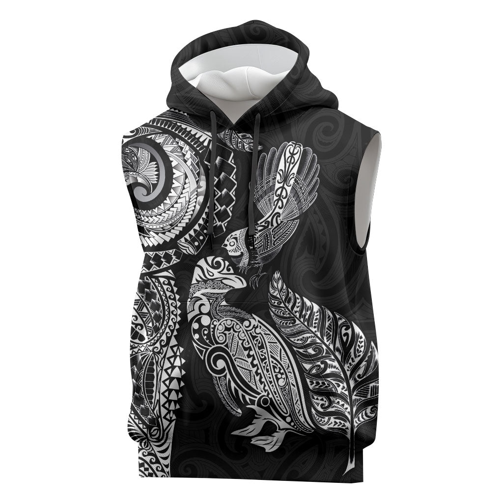 Aotearoa Moko Tribal Tattoo Sleeveless Hoodie New Zealand Maori Penguin and Fantail Black Color