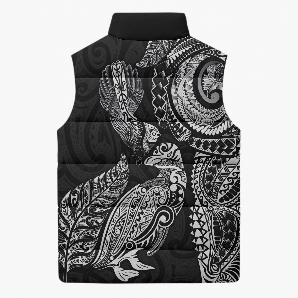 Aotearoa Moko Tribal Tattoo Sleeveless Puffer Jacket New Zealand Maori Penguin and Fantail Black Color