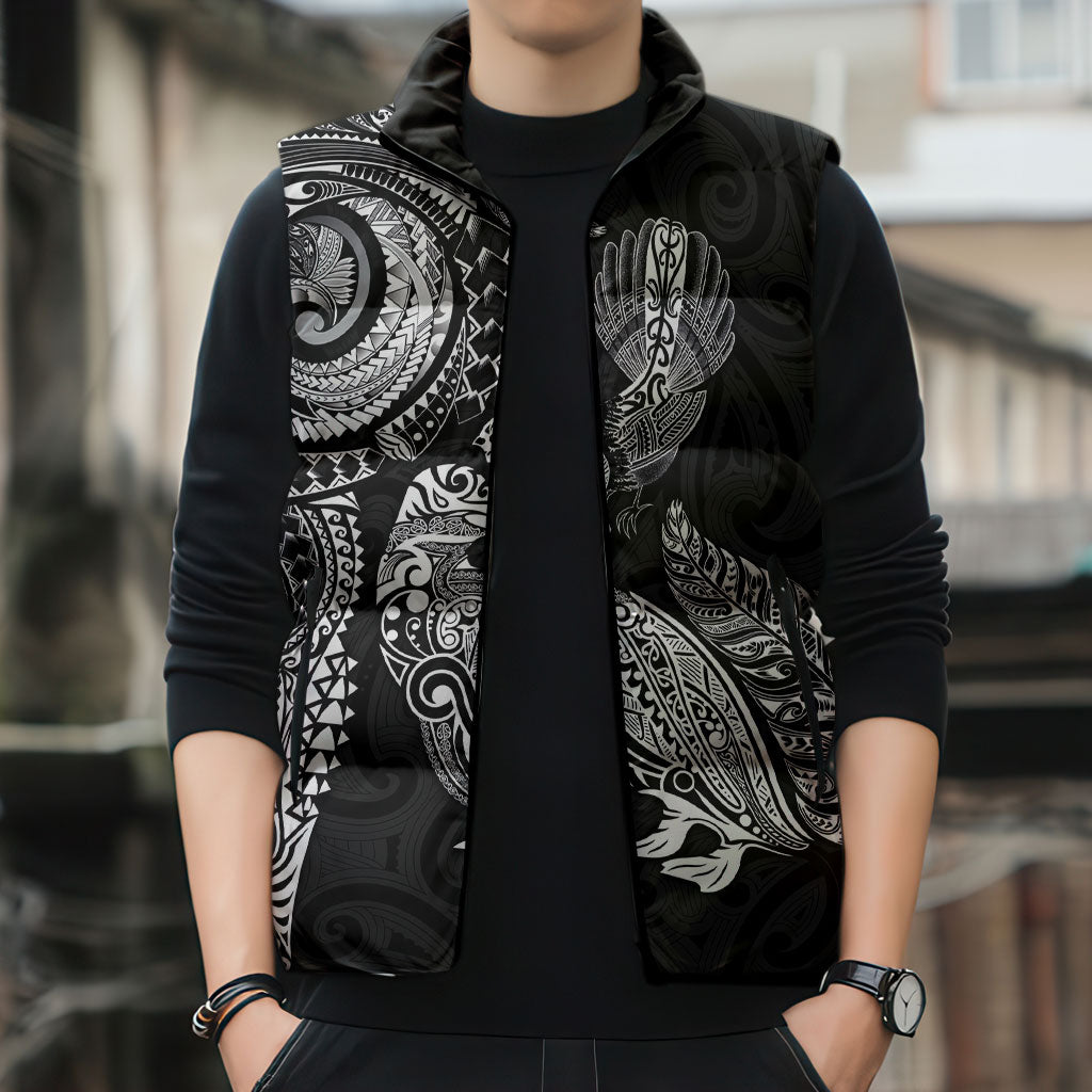 Aotearoa Moko Tribal Tattoo Sleeveless Puffer Jacket New Zealand Maori Penguin and Fantail Black Color