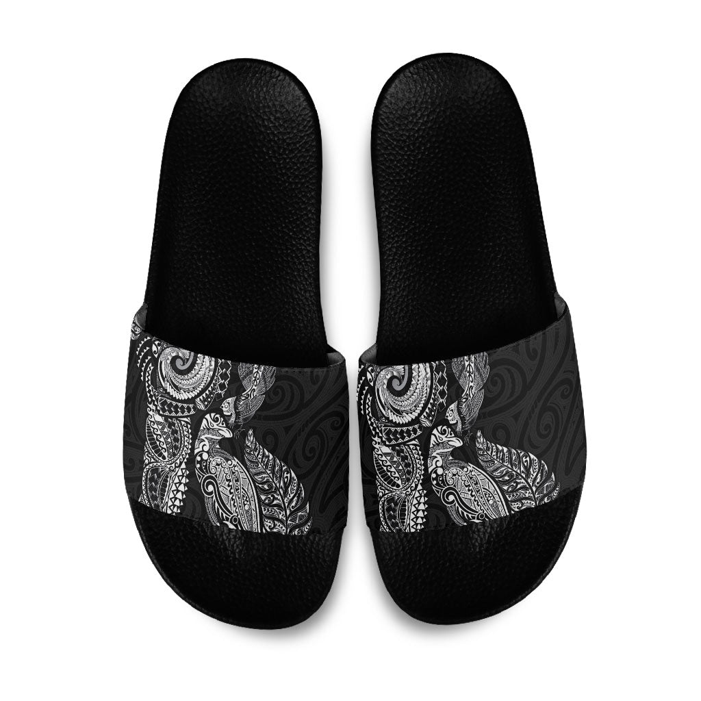 Aotearoa Moko Tribal Tattoo Slide Sandals New Zealand Maori Penguin and Fantail Black Color