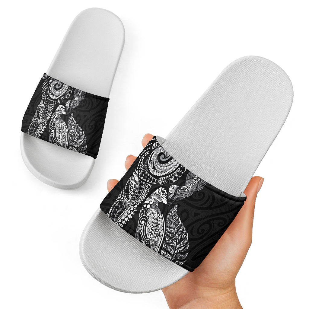 Aotearoa Moko Tribal Tattoo Slide Sandals New Zealand Maori Penguin and Fantail Black Color