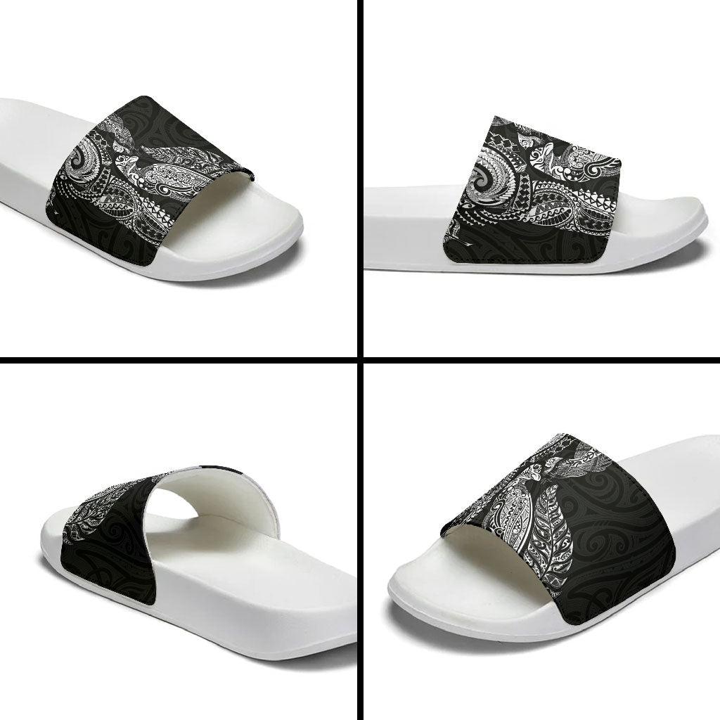 Aotearoa Moko Tribal Tattoo Slide Sandals New Zealand Maori Penguin and Fantail Black Color