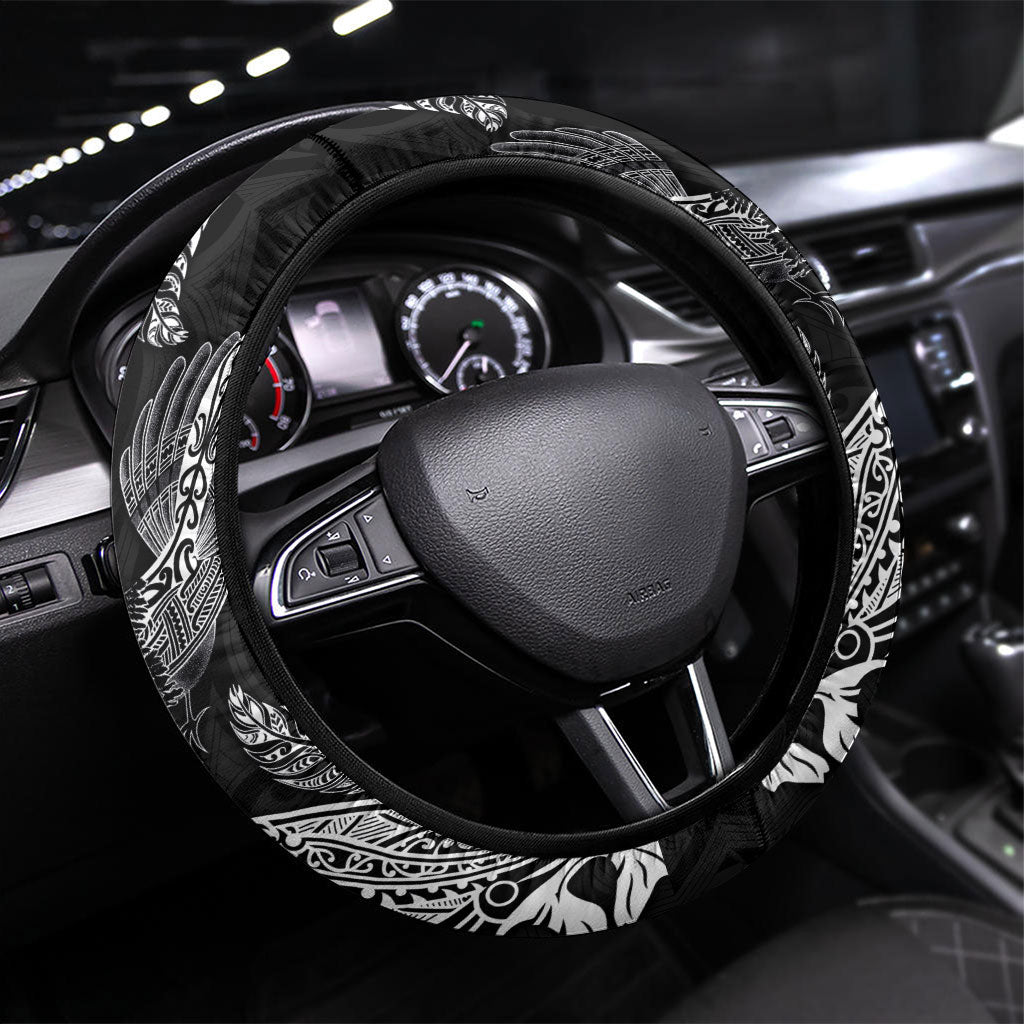 Aotearoa Moko Tribal Tattoo Steering Wheel Cover New Zealand Maori Penguin and Fantail Black Color LT03 Universal Fit Black - Polynesian Pride