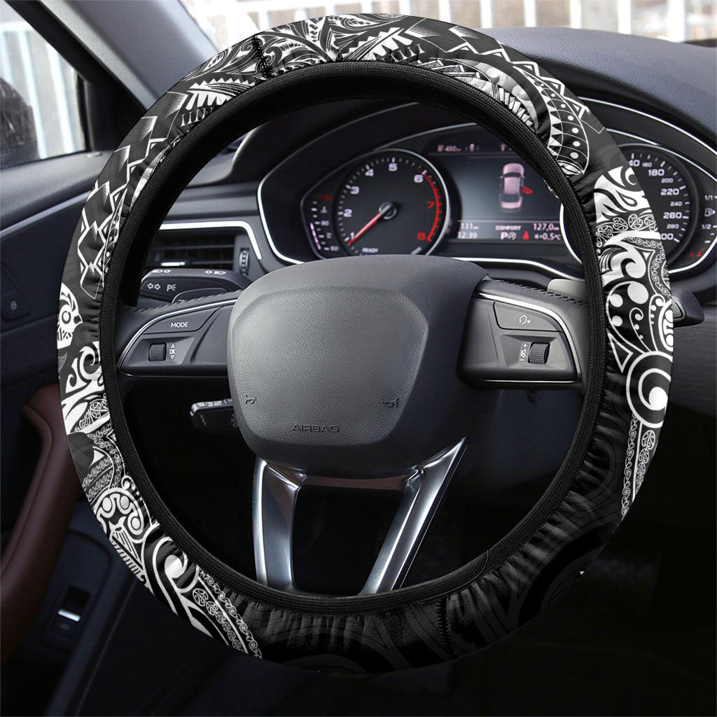 Aotearoa Moko Tribal Tattoo Steering Wheel Cover New Zealand Maori Penguin and Fantail Black Color