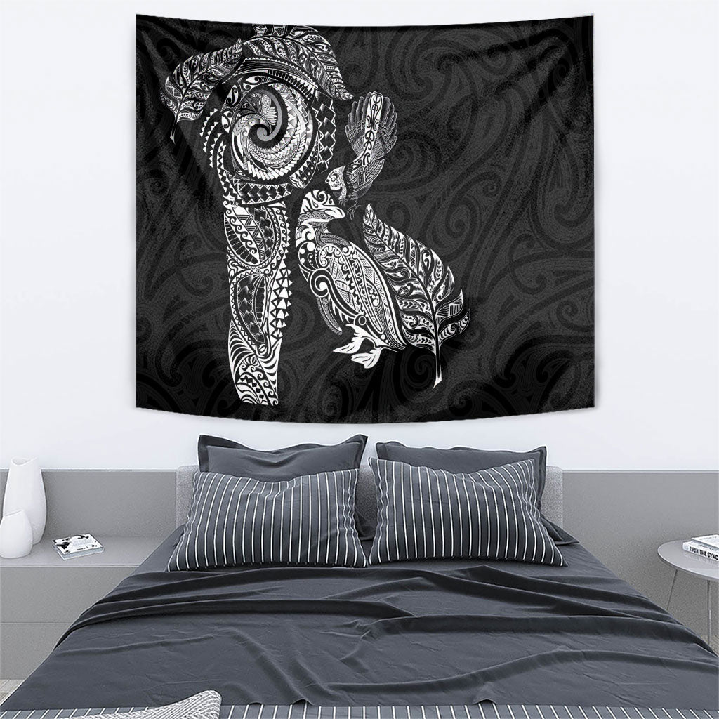 Aotearoa Moko Tribal Tattoo Tapestry New Zealand Maori Penguin and Fantail Black Color