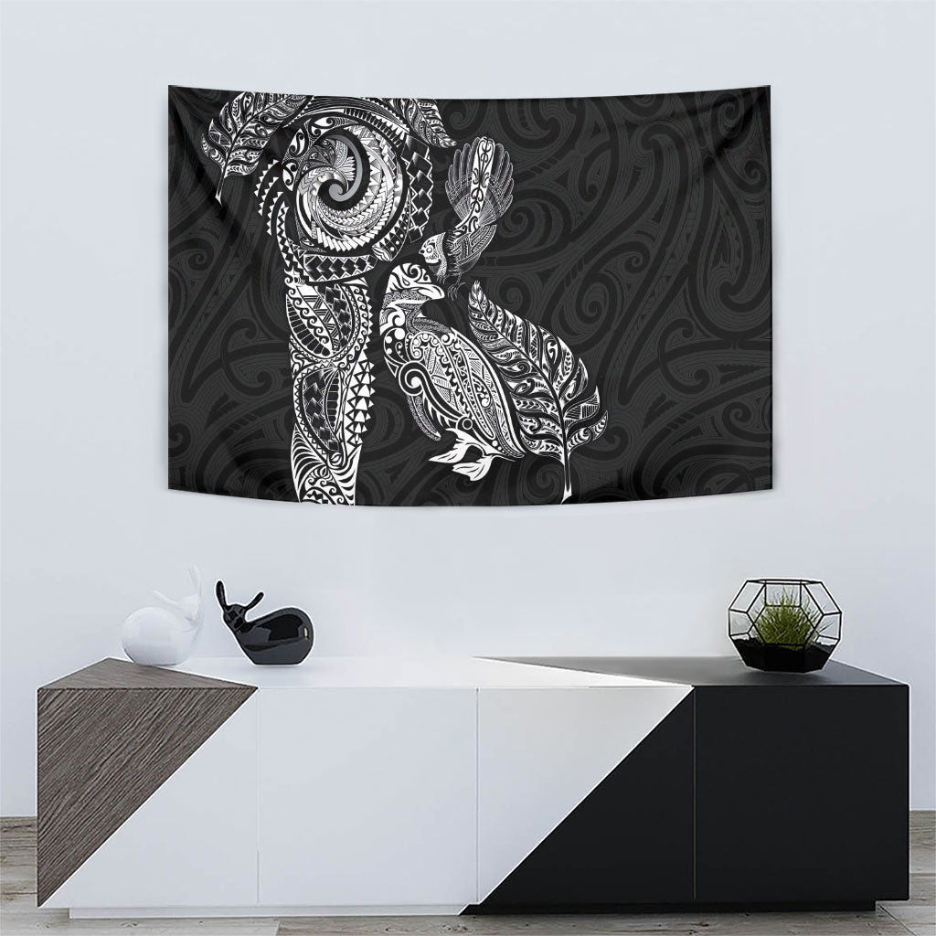 Aotearoa Moko Tribal Tattoo Tapestry New Zealand Maori Penguin and Fantail Black Color
