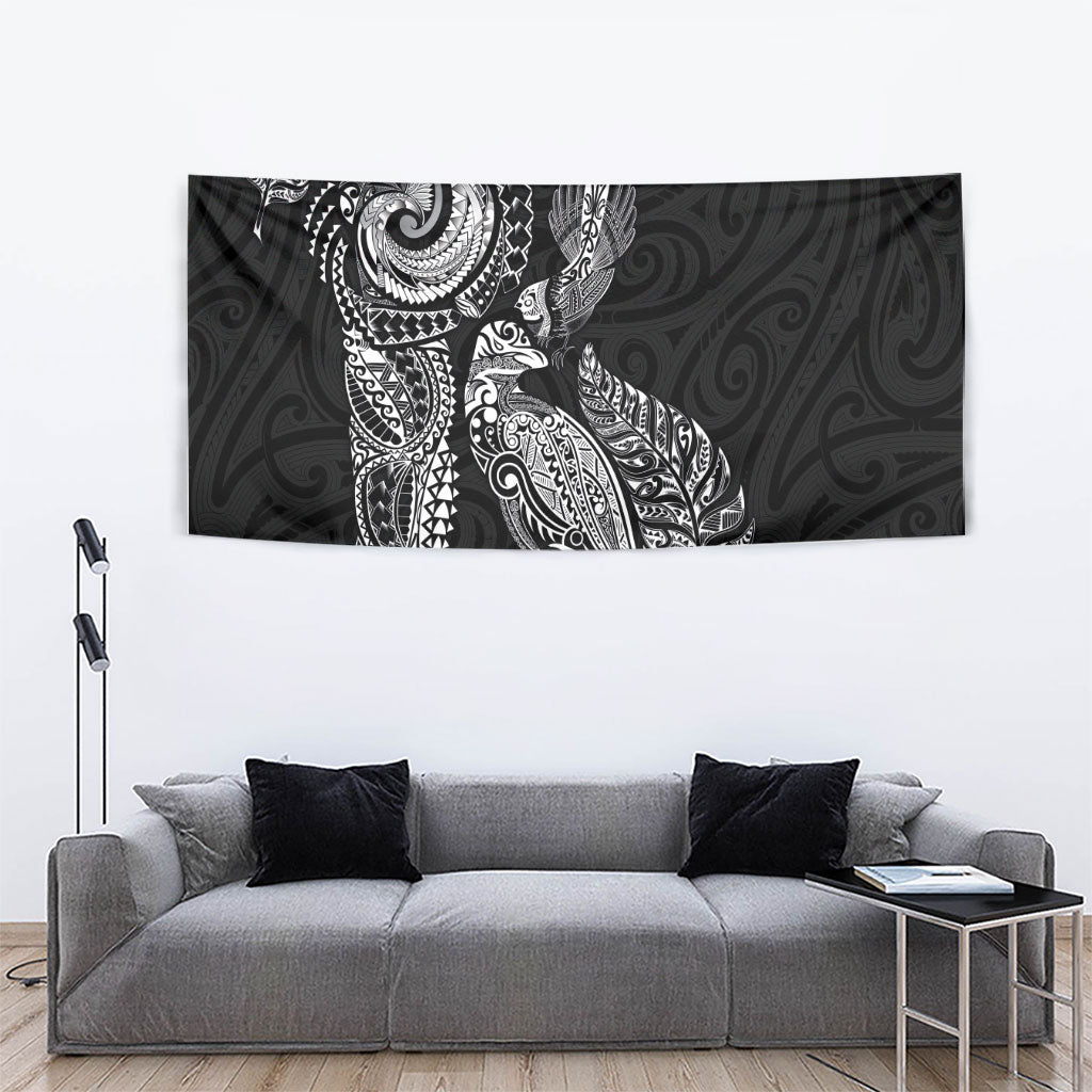 Aotearoa Moko Tribal Tattoo Tapestry New Zealand Maori Penguin and Fantail Black Color