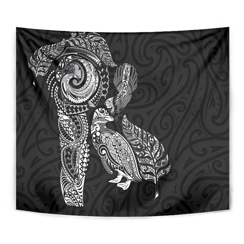 Aotearoa Moko Tribal Tattoo Tapestry New Zealand Maori Penguin and Fantail Black Color