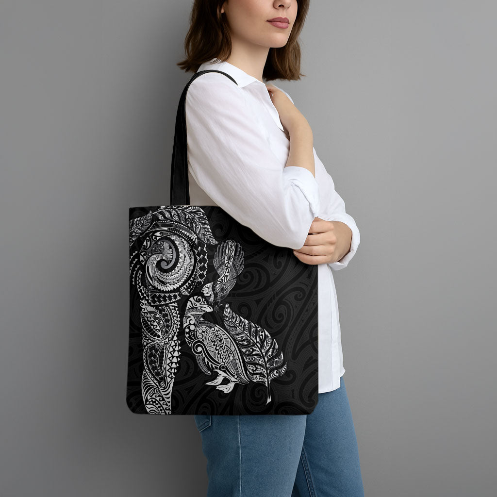 Aotearoa Moko Tribal Tattoo Tote Bag New Zealand Maori Penguin and Fantail Black Color