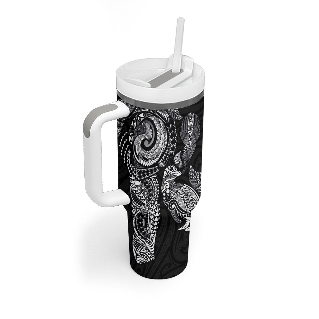 Aotearoa Moko Tribal Tattoo Tumbler With Handle New Zealand Maori Penguin and Fantail Black Color