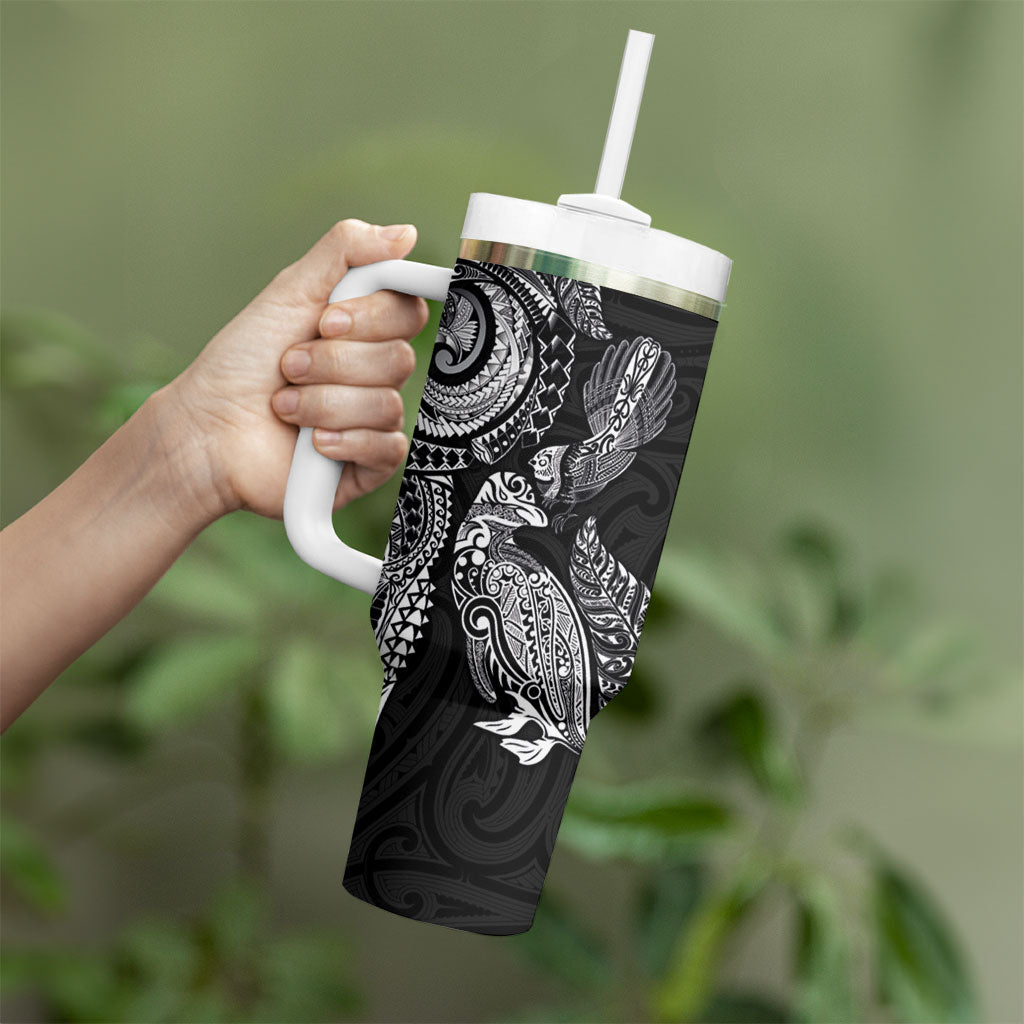 Aotearoa Moko Tribal Tattoo Tumbler With Handle New Zealand Maori Penguin and Fantail Black Color