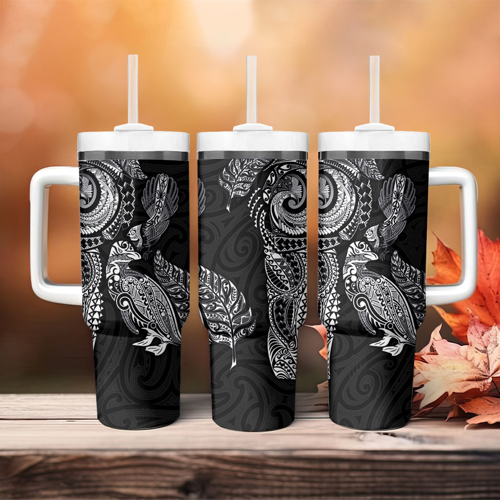 Aotearoa Moko Tribal Tattoo Tumbler With Handle New Zealand Maori Penguin and Fantail Black Color