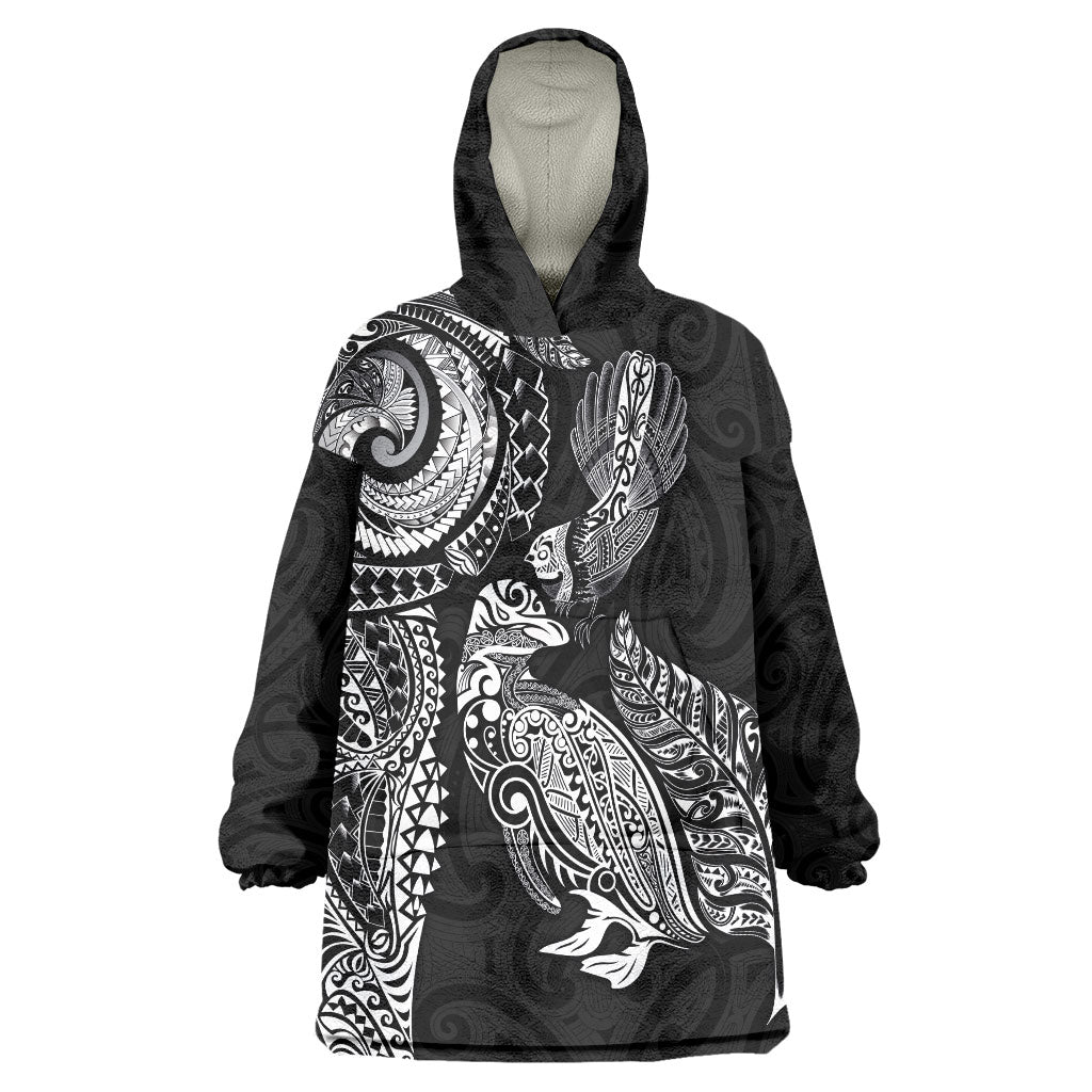 Aotearoa Moko Tribal Tattoo Wearable Blanket Hoodie New Zealand Maori Penguin and Fantail Black Color