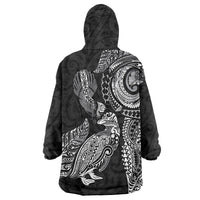 Aotearoa Moko Tribal Tattoo Wearable Blanket Hoodie New Zealand Maori Penguin and Fantail Black Color
