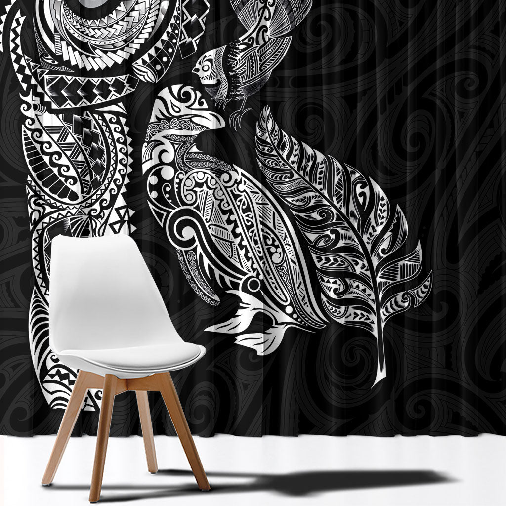 Aotearoa Moko Tribal Tattoo Window Curtain New Zealand Maori Penguin and Fantail Black Color