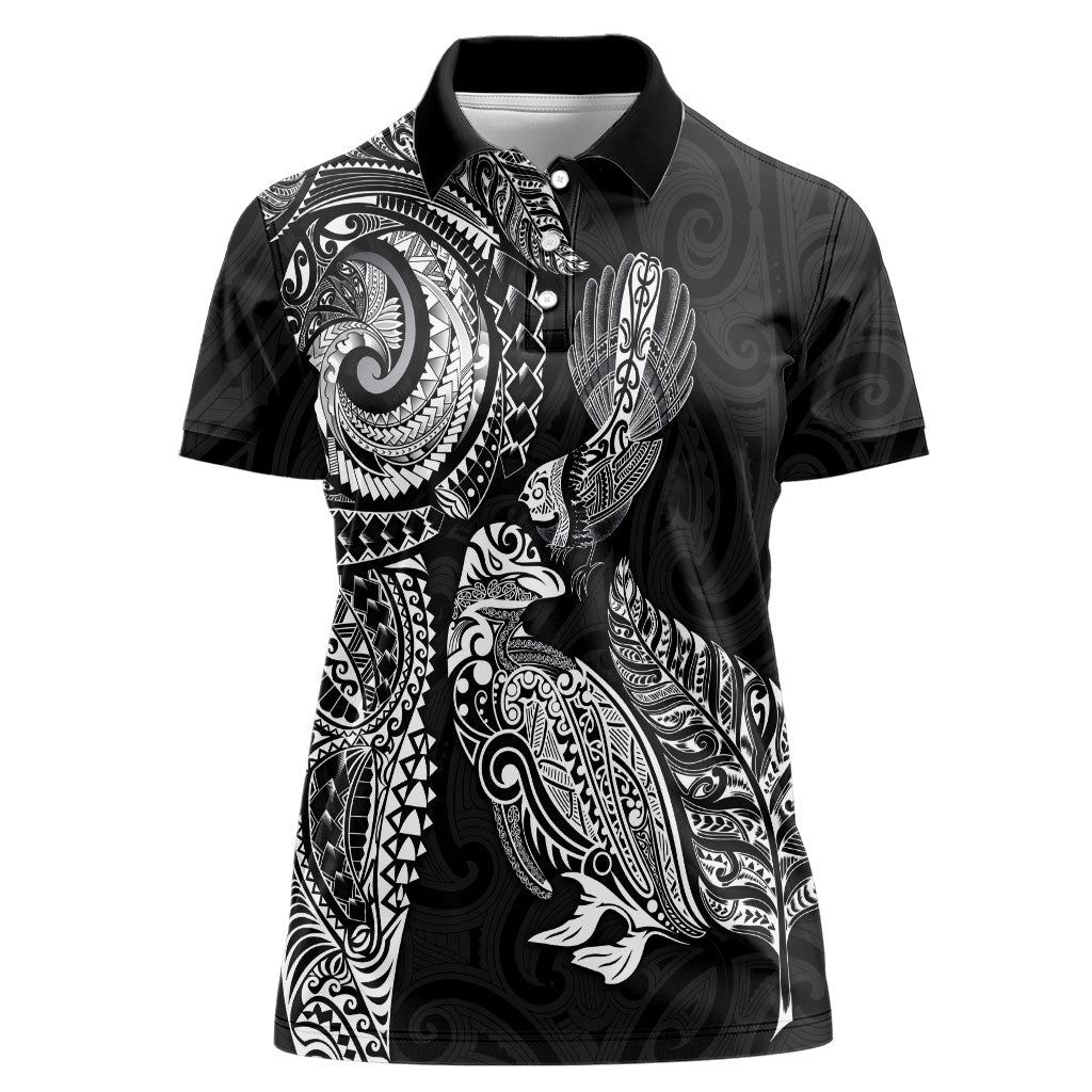 Aotearoa Moko Tribal Tattoo Women Polo Shirt New Zealand Maori Penguin and Fantail Black Color LT03 Female Black - Polynesian Pride