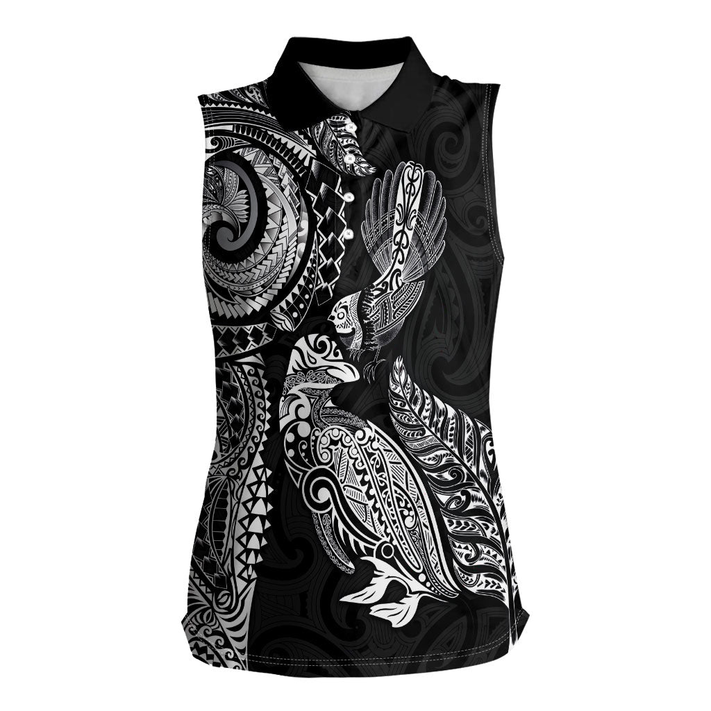 Aotearoa Moko Tribal Tattoo Women Sleeveless Polo Shirt New Zealand Maori Penguin and Fantail Black Color LT03 Female Black - Polynesian Pride