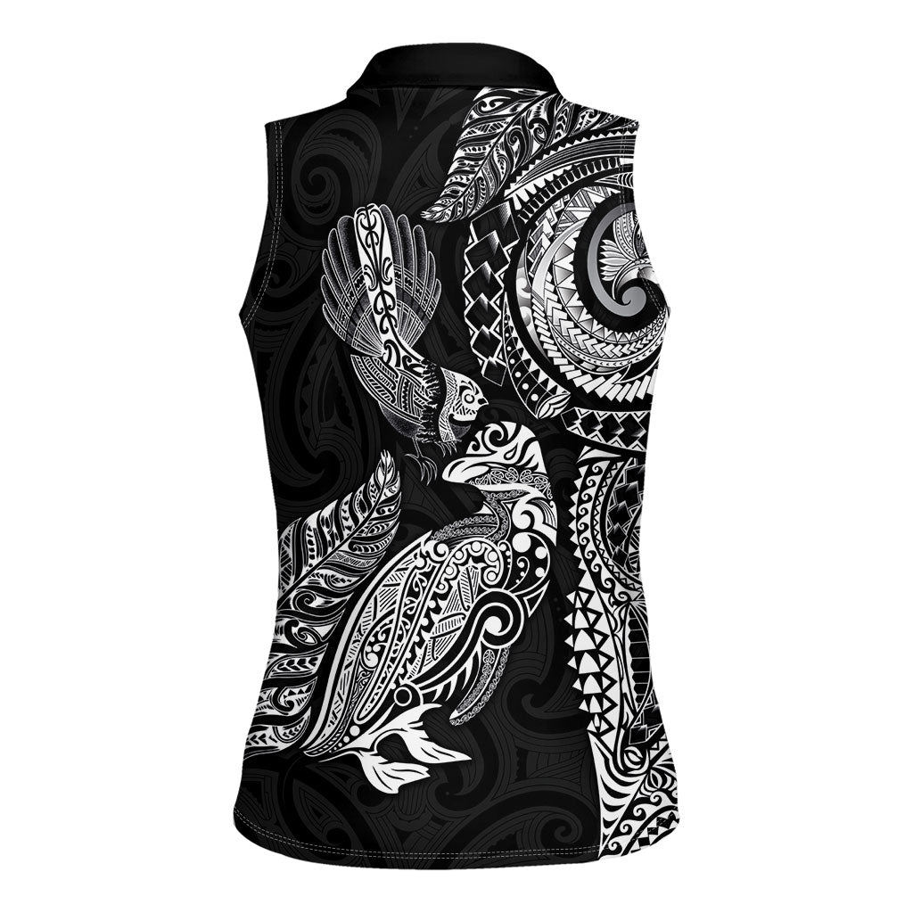 Aotearoa Moko Tribal Tattoo Women Sleeveless Polo Shirt New Zealand Maori Penguin and Fantail Black Color