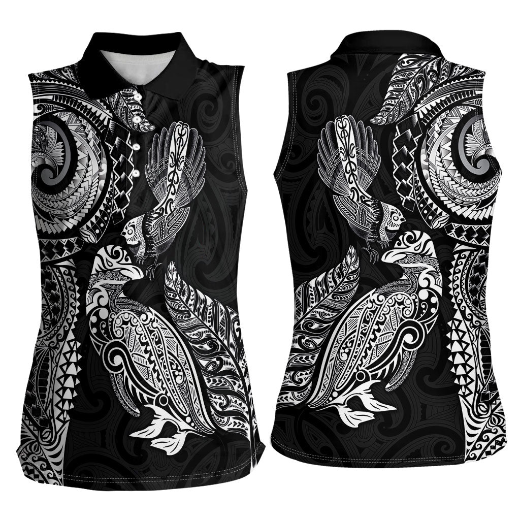 Aotearoa Moko Tribal Tattoo Women Sleeveless Polo Shirt New Zealand Maori Penguin and Fantail Black Color