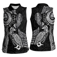 Aotearoa Moko Tribal Tattoo Women Sleeveless Polo Shirt New Zealand Maori Penguin and Fantail Black Color