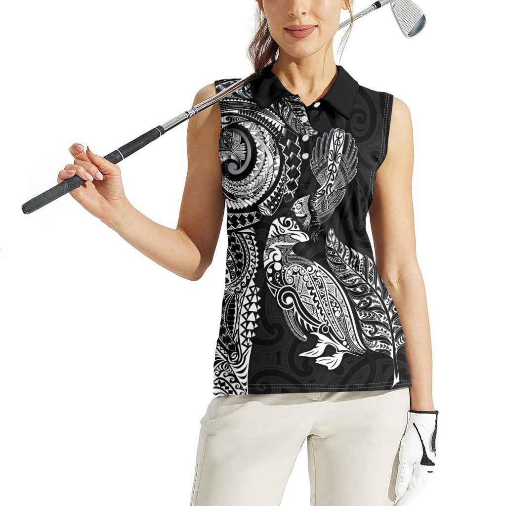 Aotearoa Moko Tribal Tattoo Women Sleeveless Polo Shirt New Zealand Maori Penguin and Fantail Black Color