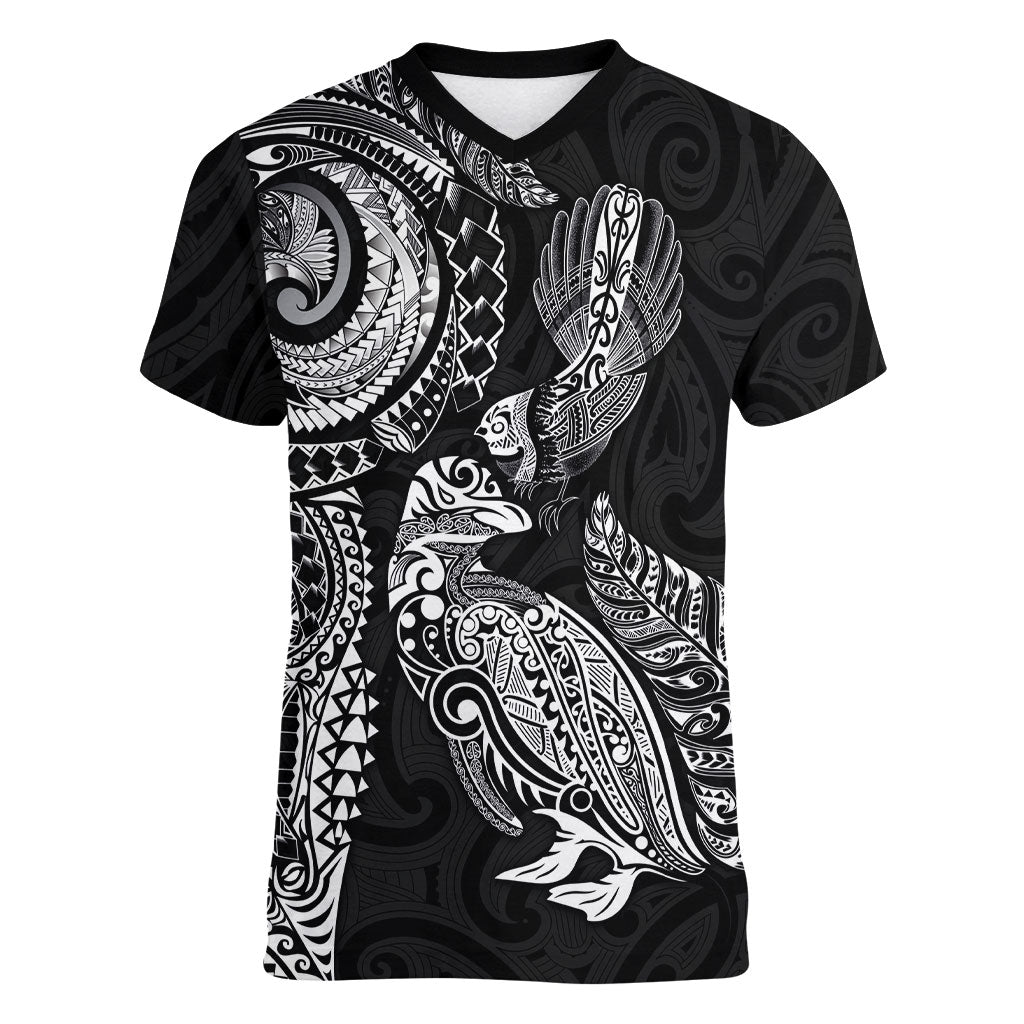 Aotearoa Moko Tribal Tattoo Women V-Neck T-Shirt New Zealand Maori Penguin and Fantail Black Color LT03 Female Black - Polynesian Pride