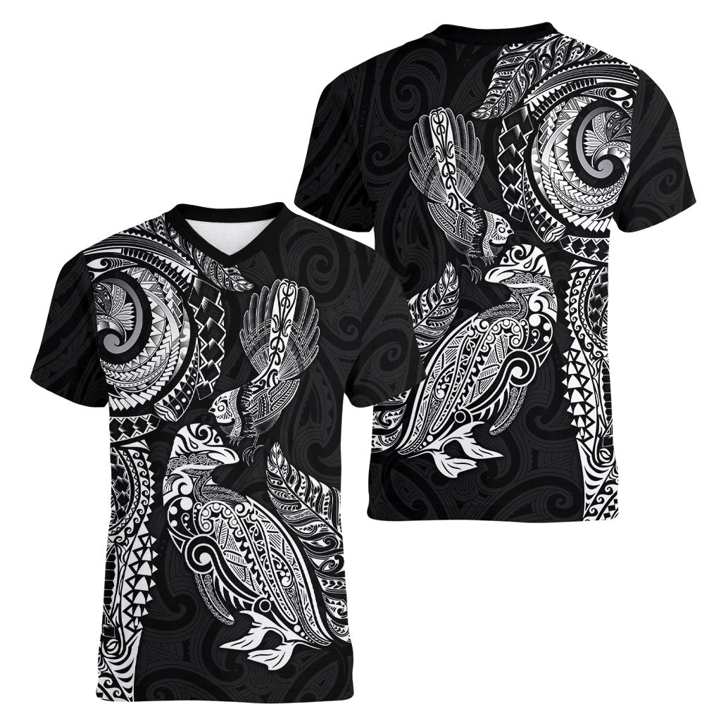 Aotearoa Moko Tribal Tattoo Women V-Neck T-Shirt New Zealand Maori Penguin and Fantail Black Color
