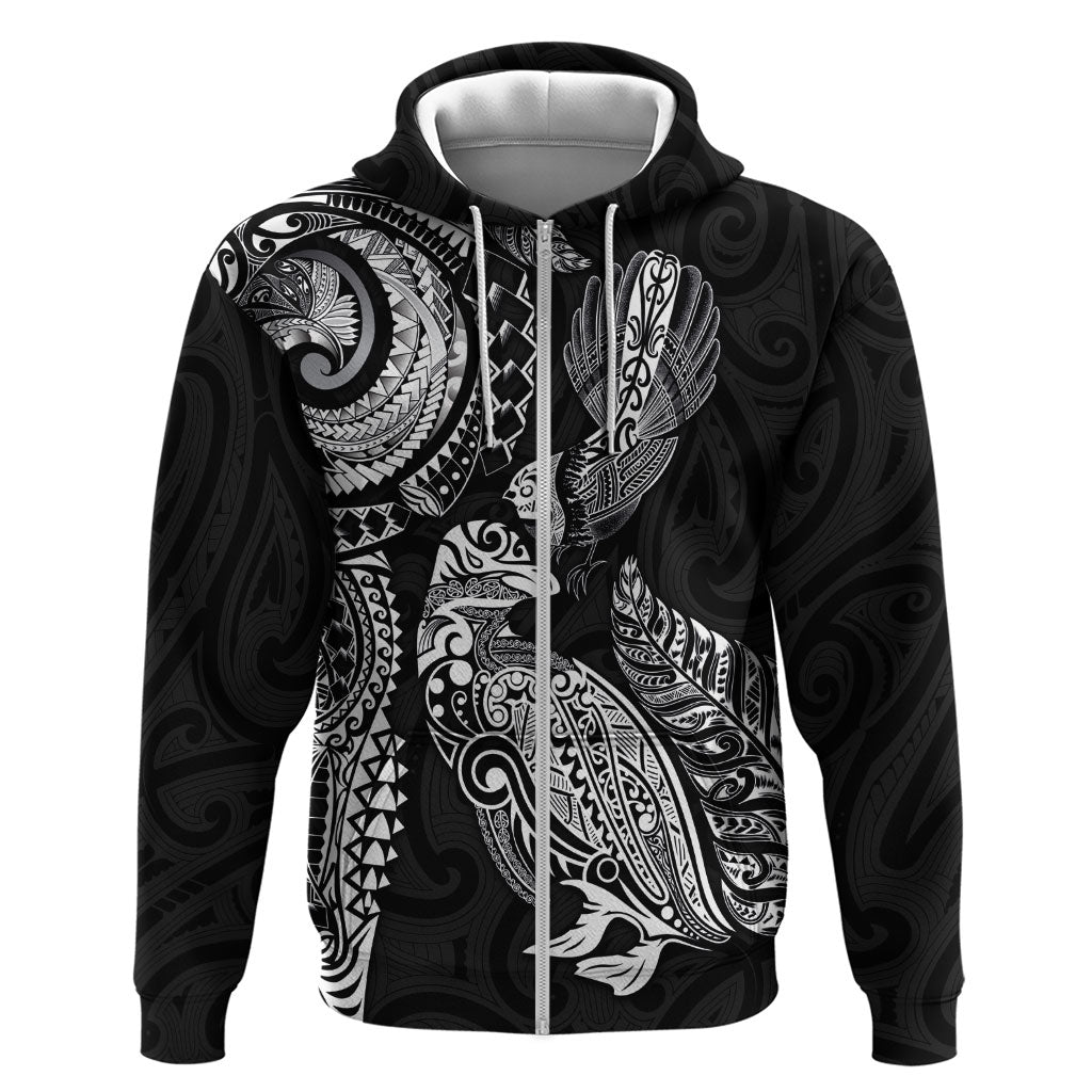 Aotearoa Moko Tribal Tattoo Zip Hoodie New Zealand Maori Penguin and Fantail Black Color